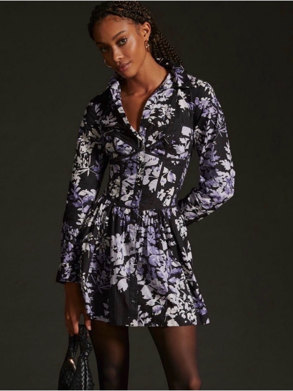 By Anthropologie Purple Floral Corset Collared Shirt Dress Size 8